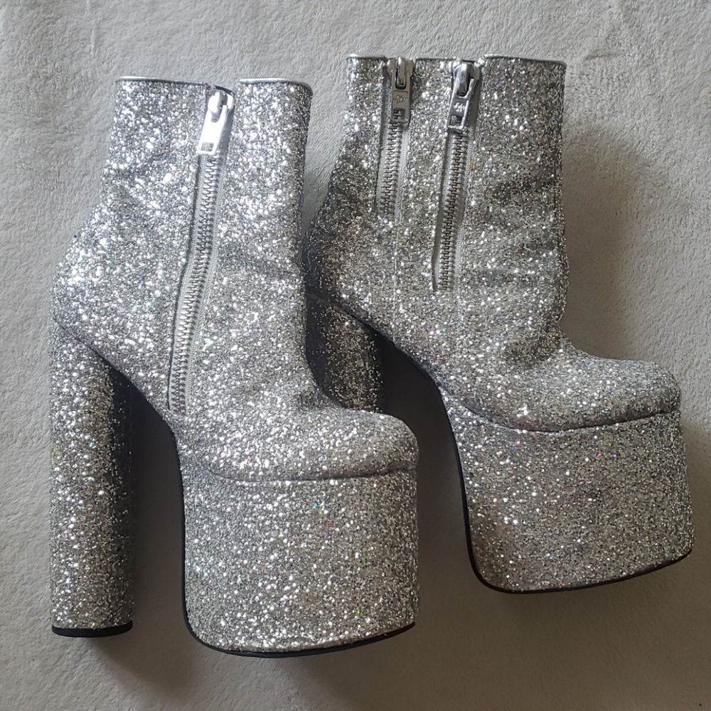 Dolls Kill Silver Glitter Platform Ankle Boots - Picture 2 of 5